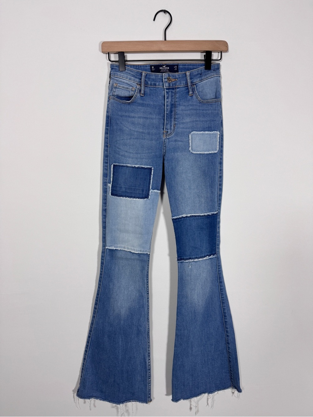 WJ108 {Hollister} "High Rise Flare" Blue Patchwork Denim Jeans